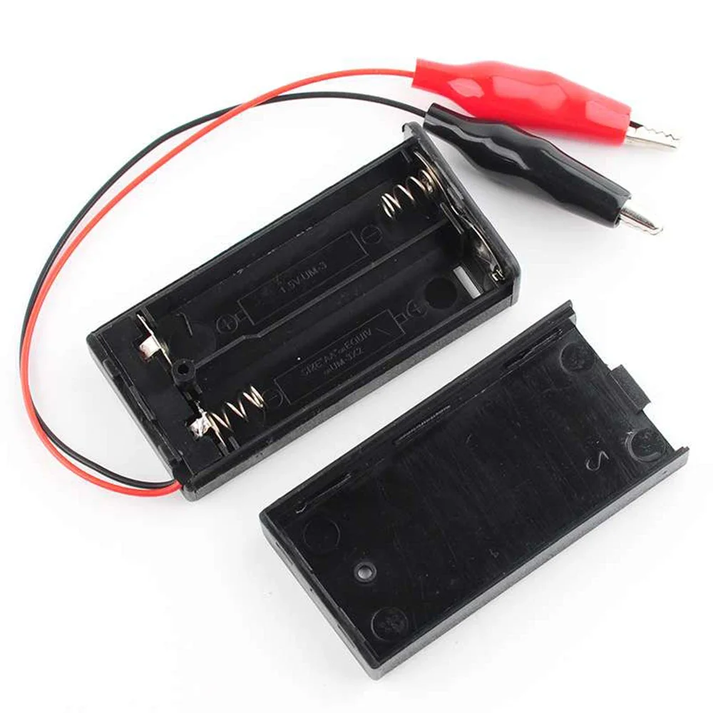 2 AA 3V Battery Holder Case Box Alligator Clip Switch Cover Power Storage Enclosure for DIY Electronics PC Project Tool