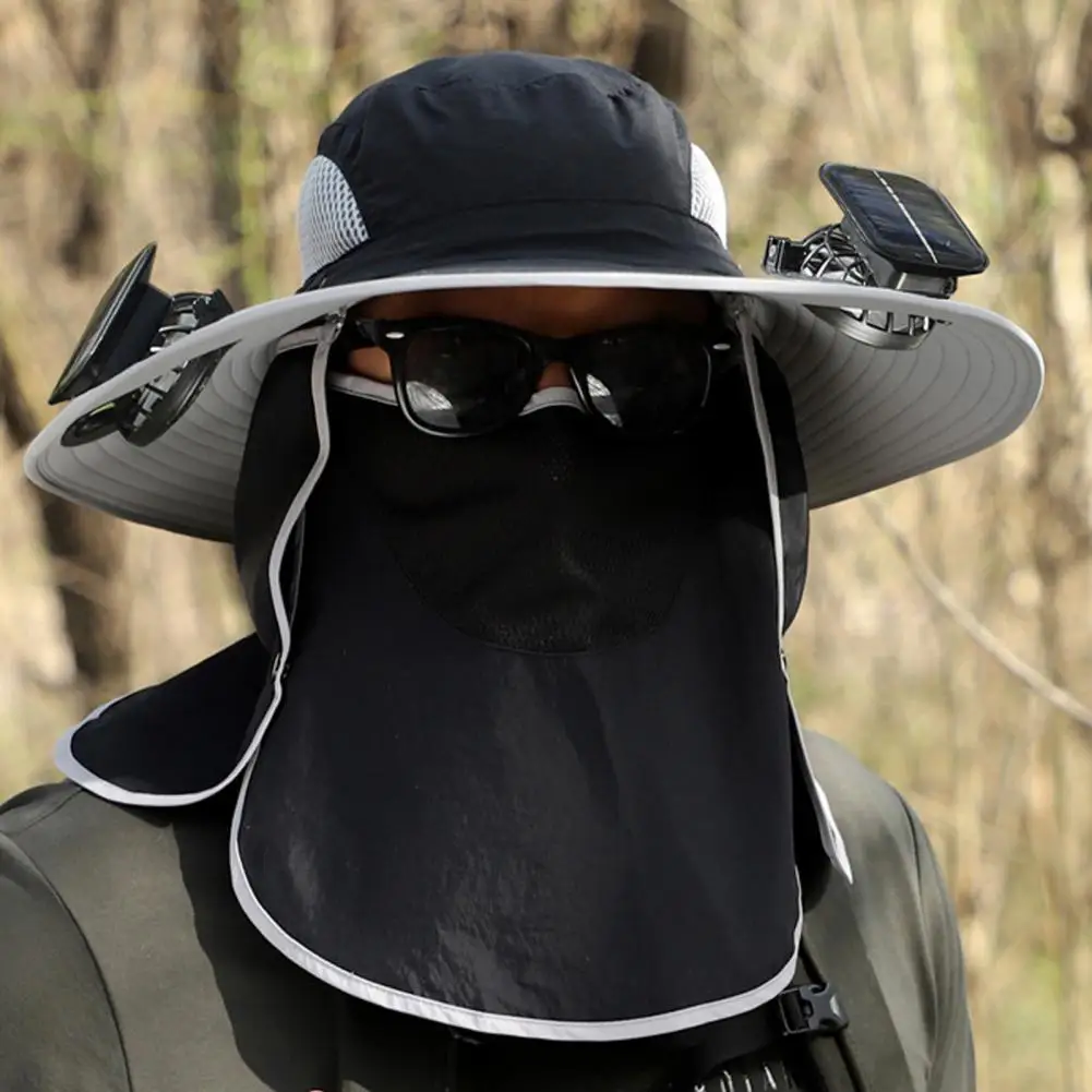 Solar Fan Hat with Neck Flap Face Guard Wide Brim UV Cooling Fan Fishing Hat Rechargeable Foldable Men Hiking Sun Hat