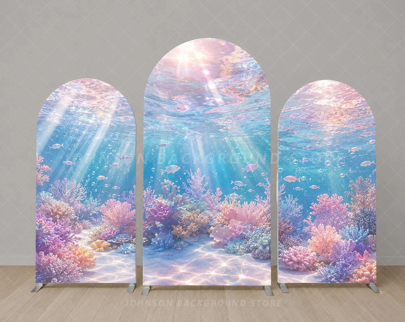 Under The Sea Arch Backdrop Cover Pink Blue Coral Reef Ocean Fish Three Panel Mermaid Birthday party Background