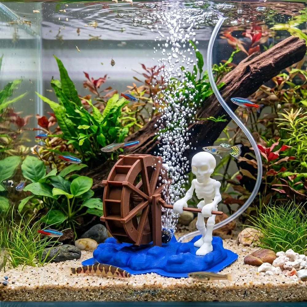 PLA Skeleton Bubbler Aquarium Decoration 3D Printed Moving Bubbles Fish Tank Ornament Dynamic Design Rotating Water Wheel