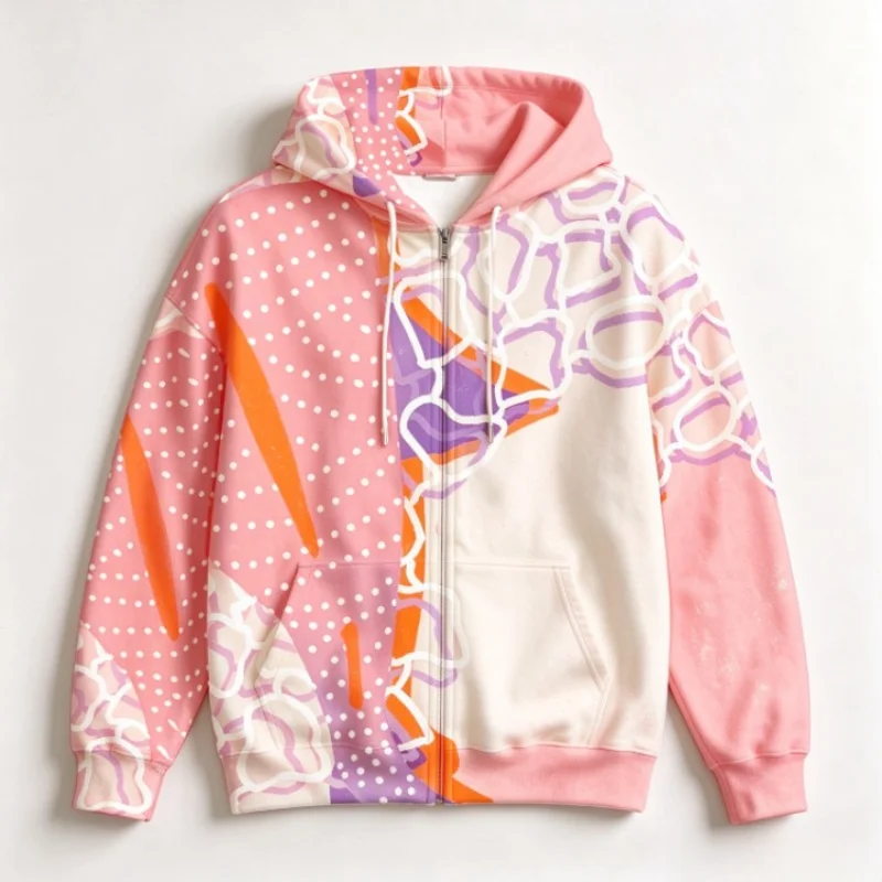 Fashion Color Block Abstract Graphic Full Zip Hoodie Men Long Sleeve Casual Polka Dot Printed Art Aesthetic Jacket Autumn Tops