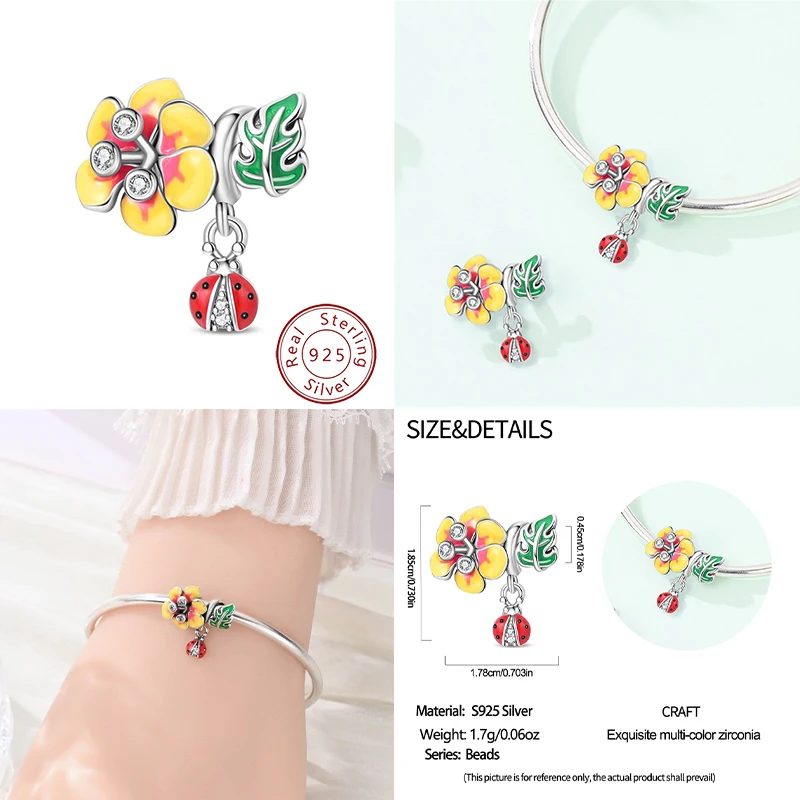 New 925 sterling silver flower ladybug beaded pendant suitable for original women's bracelet pendant to wear D IY jewelry homema