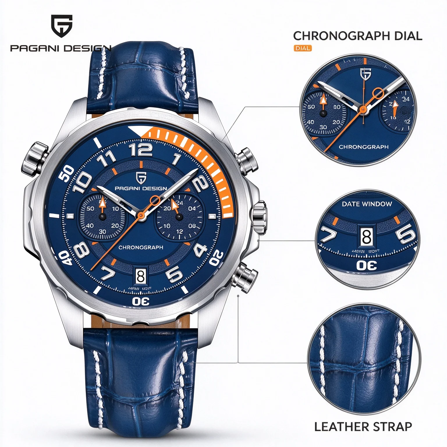 PAGANI DESIGN 44MM Business Men's Quartz Watch Chronometer 50M Waterproof Luminous Rotating Scale Dial