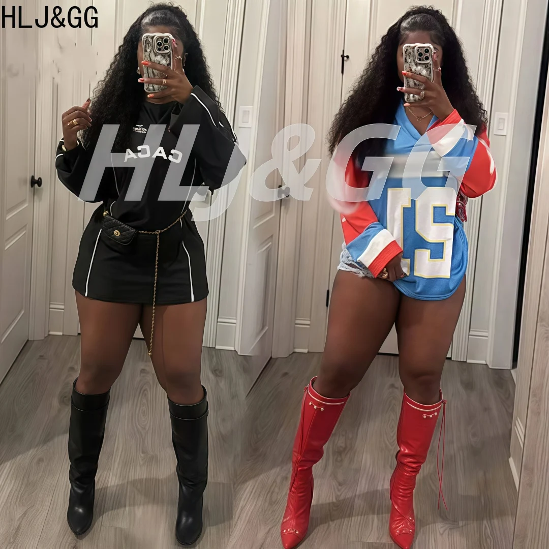 

HLJ&GG American Vintage Style Letter Basketball Tshirt Dresses Women Round Neck Long Sleeve Loose Mini Vestidos Fashion Clothes