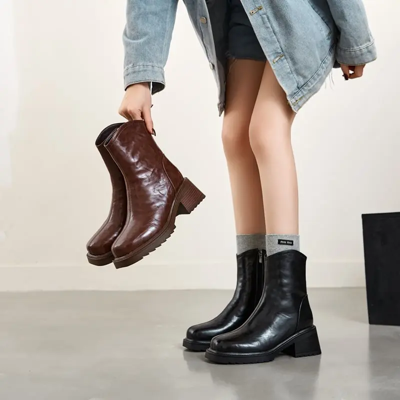MORAZORA Size 34-41 Genuine Leather Snow Boots Women Zipper Square High Heels Nature Wool Warm Winter Boots Handmade Ankle Boots - view 5