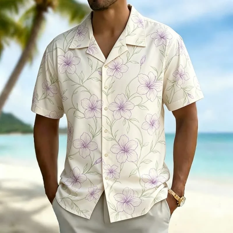 Men's floral printed Hawaiian shirt with lines, for summer adventures, poolside wear, daily outfits, and short vacations