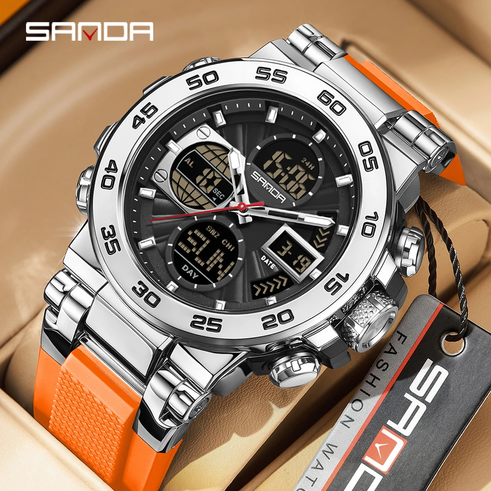 SANDA 6312 ساعة إلكترونية رياضية عصرية متعددة الوظائف مجسمة عرض مزدوج العد التنازلي الترفيه الأعمال ساعة رجالي #1
