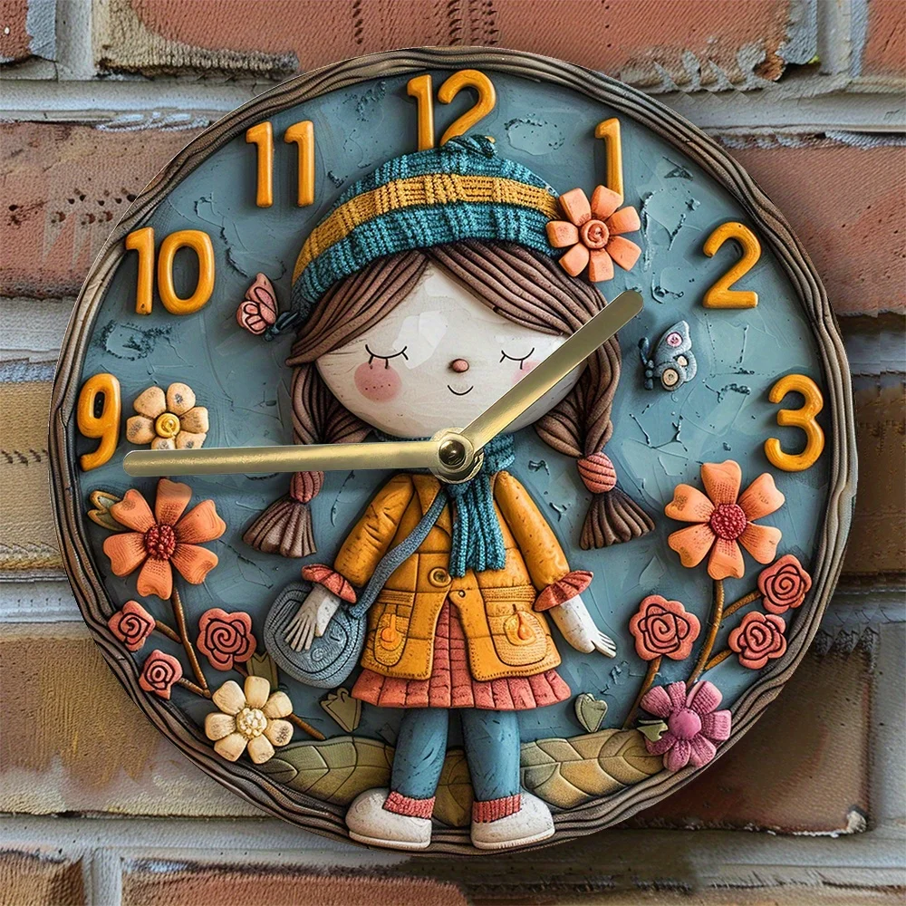 Hippie Girl Themed Silent Wall Clock - DIY Assembly Kit, High-Definition 2D Print, Decorative Floral Art Clock for Dormitory