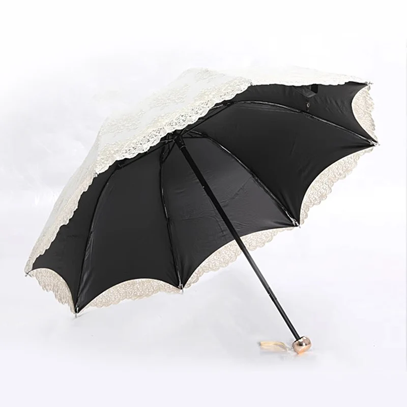 Exquisite Woman Lace Sun Umbrella Rain Female 3 Folding Portable Lightweight Princess Anti UV Protection Parasol Wind Resistant