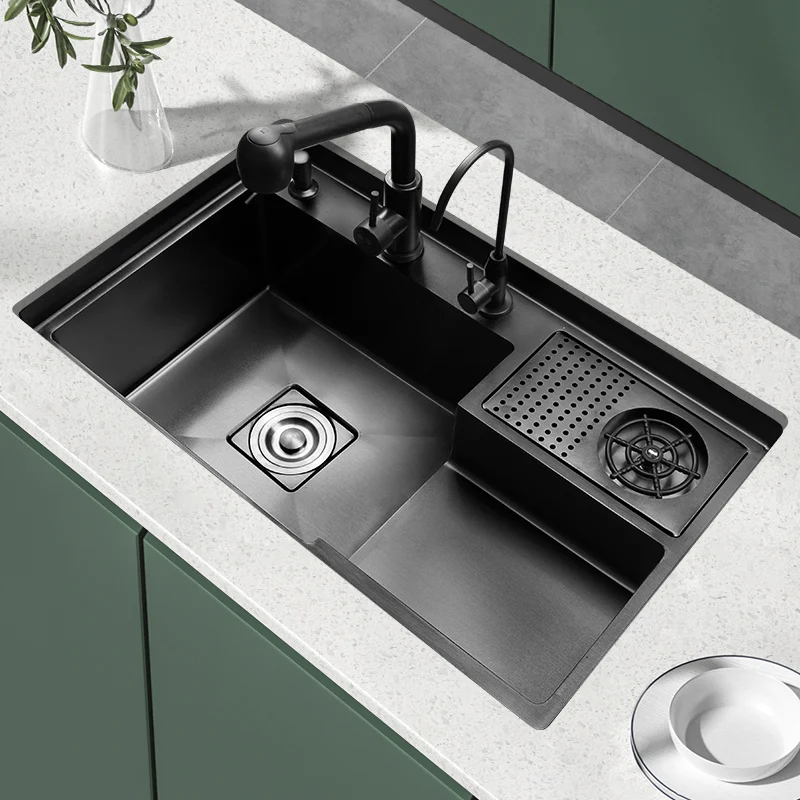 Nano Black Stepped Sinks 304 Stainless Steel Sink Vegetable Wash Basin High Pressure Cup Washer Kitchen Sink