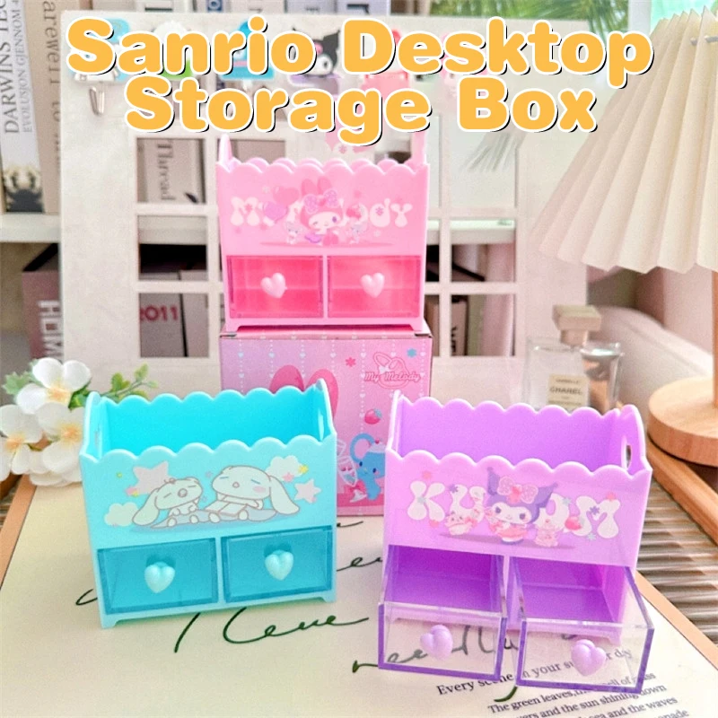 Kawaii Sanrio Kuromi Desktop Storage Box Cinnamoroll Drawer Small Box Stationery Jewelry Organizer Children's Day Gift