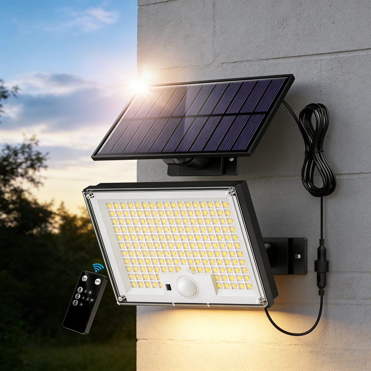 172 LED Warm White Solar Outdoor Light 3 Modes 5M Detachable Cable Motion Sensor Remote IP65 Waterproof Lamp for Garden Garage