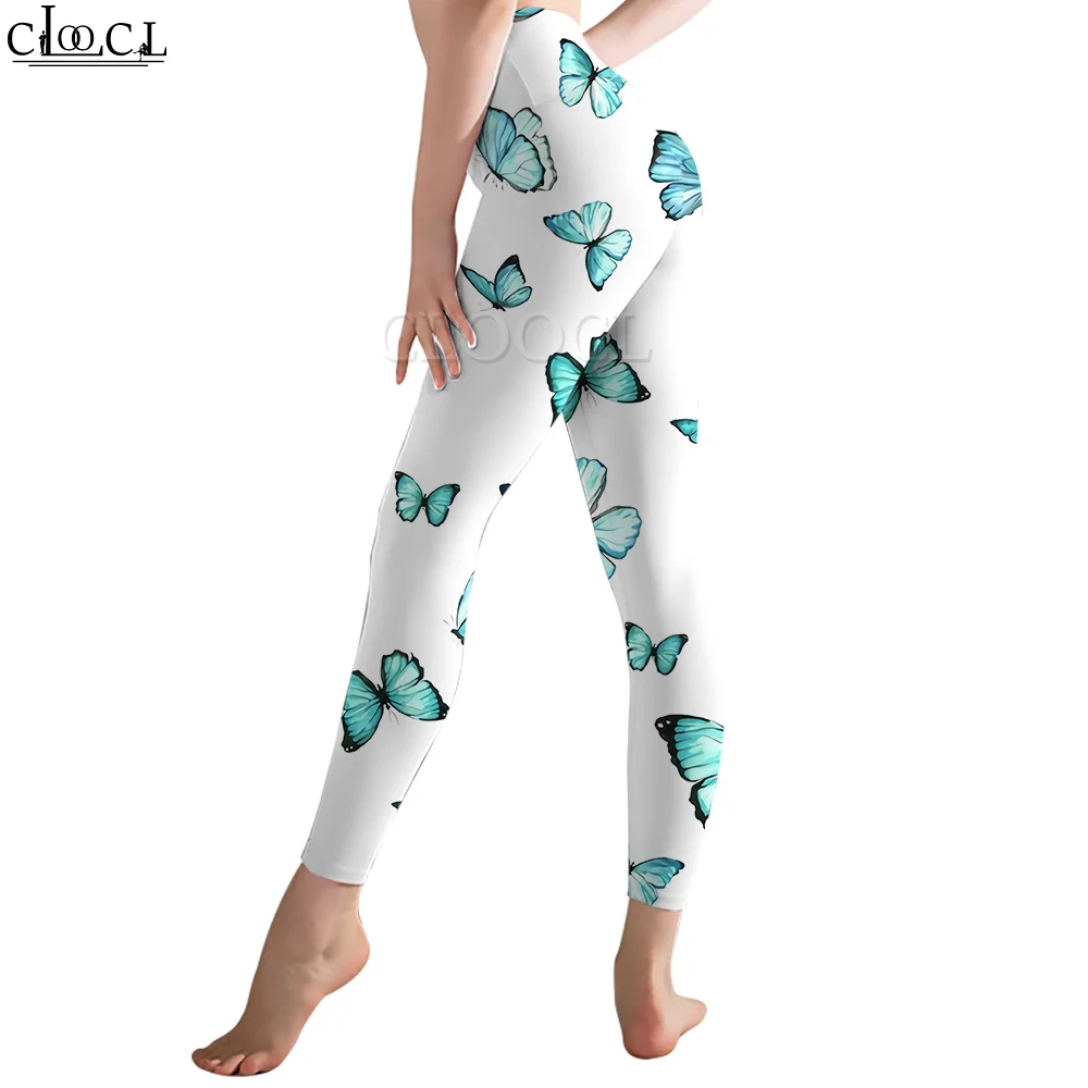 CLOOCL ผู้หญิง Legging รูปแบบผีเสื้อสีฟ้า 3D พิมพ์กางเกงเอวสูงยืดกีฬา Legging Jogging ฟิตเนสกางเกงโยคะ