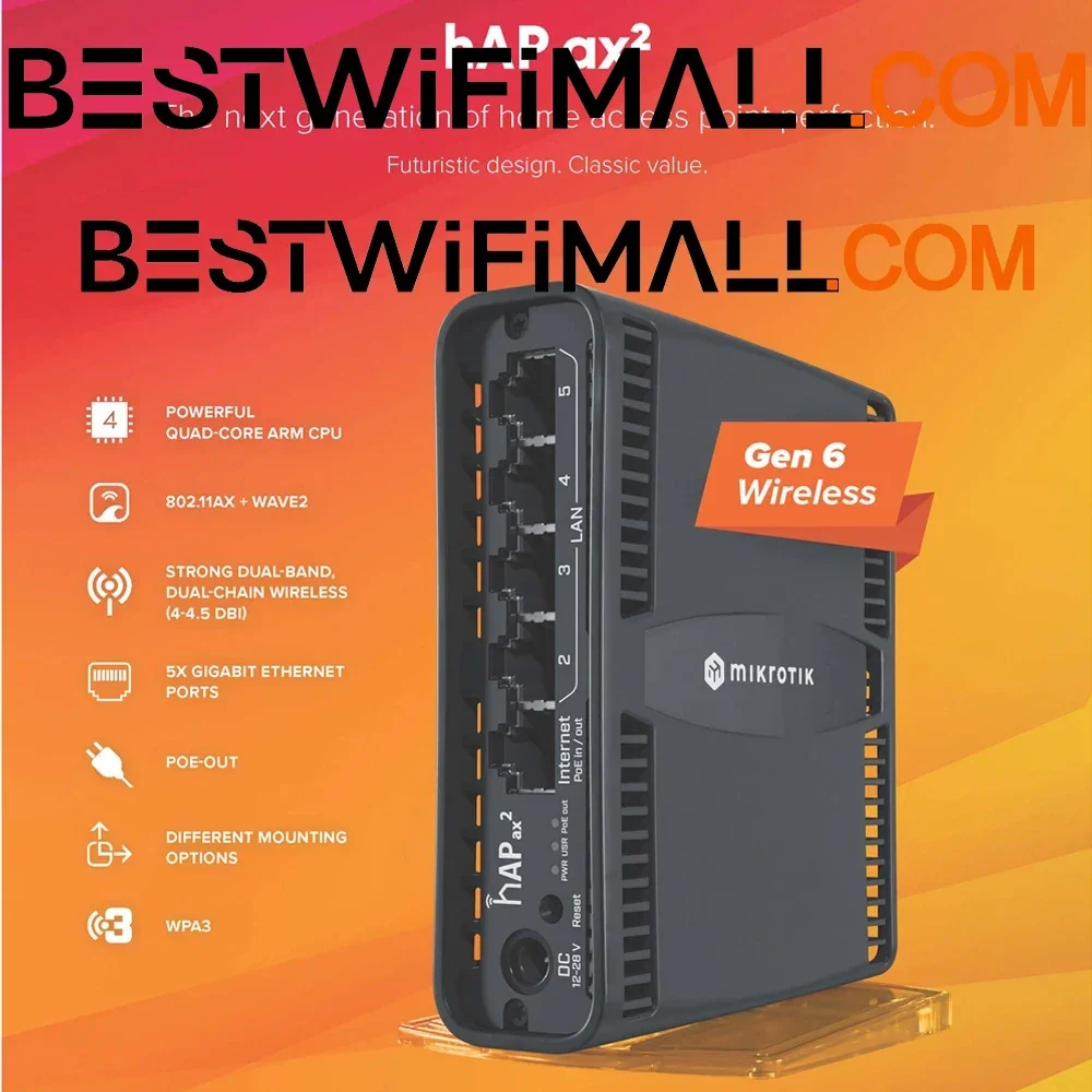 

MikroTik C52iG-5HaxD2HaxD-TC AX1800 1.8Gbps WiFi 6 Router hAP AX², PoE-IN And PoE-Uut 802.11AX WPA3 5x10/100/1000 Ethernet Ports