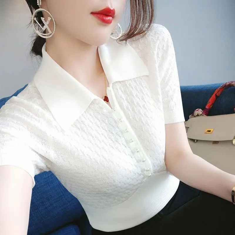 Women's Summer Knitted Short Sleeve T-Shirt Student Korean Slim Fit Large Size Backing Shirt POLO Neck Hollow Top