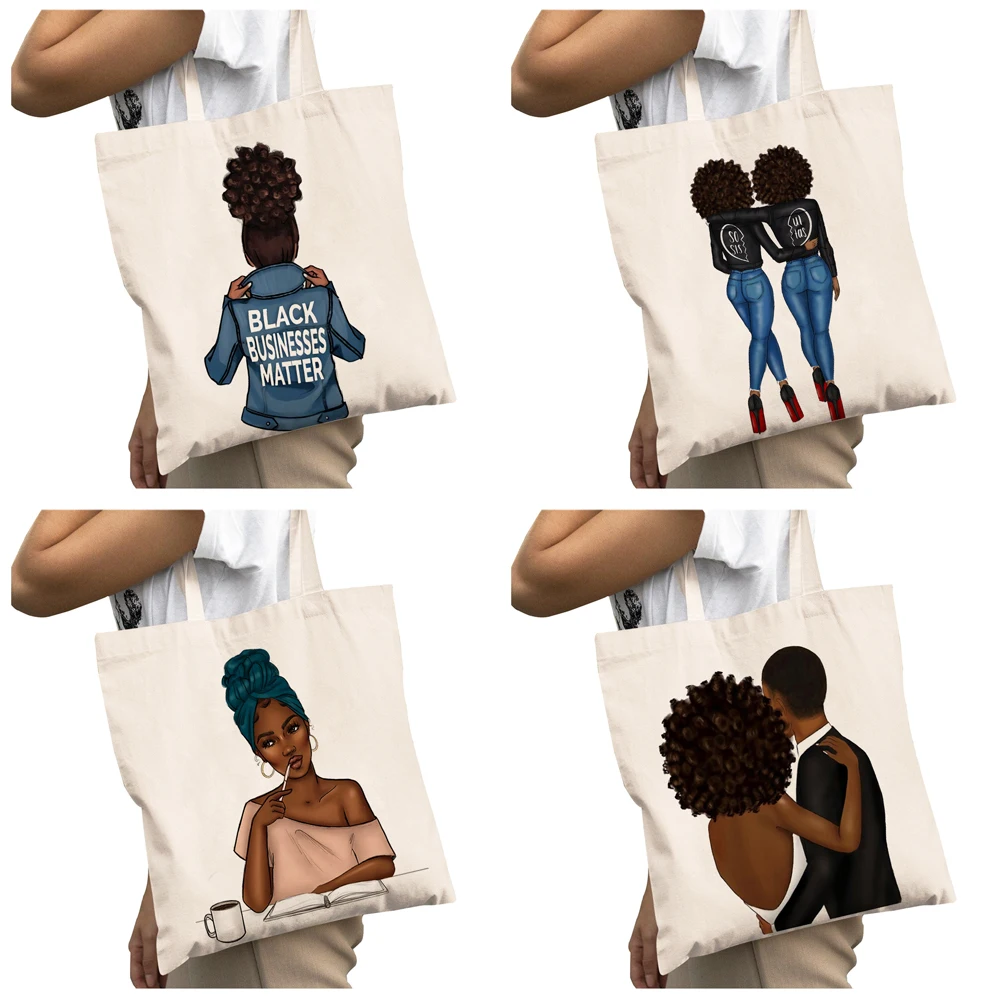 Casual African Girl Big Capacity Shopping Bags for Women Reusable Double Print Beautiful Black Fashion Lady Canvas Shopper Bag ​