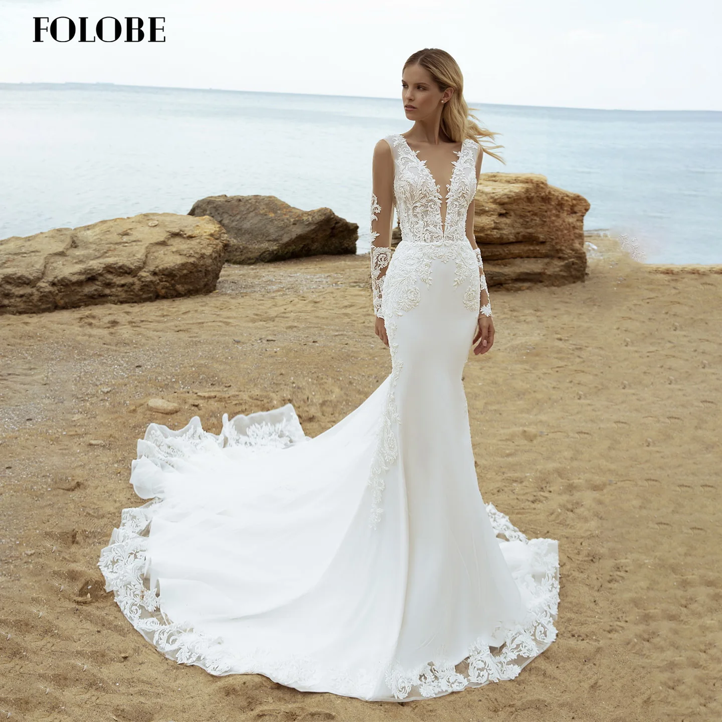

FOLOBE V-Neck Mermaid with Lace Tulle Long Sleeves Backless Wedding Dresses Sweep Train Bridal Gown vestidos de noche Customized