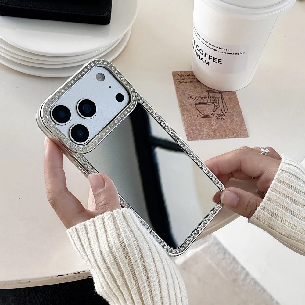 Luxuriöse galvanisierte Make-up-Spiegel-Handyhülle für iPhone 17 16 15 14 13 12 11 Pro Max mit Glitzer-Diamant-Rand-Schutzabdeckung – Detail 5