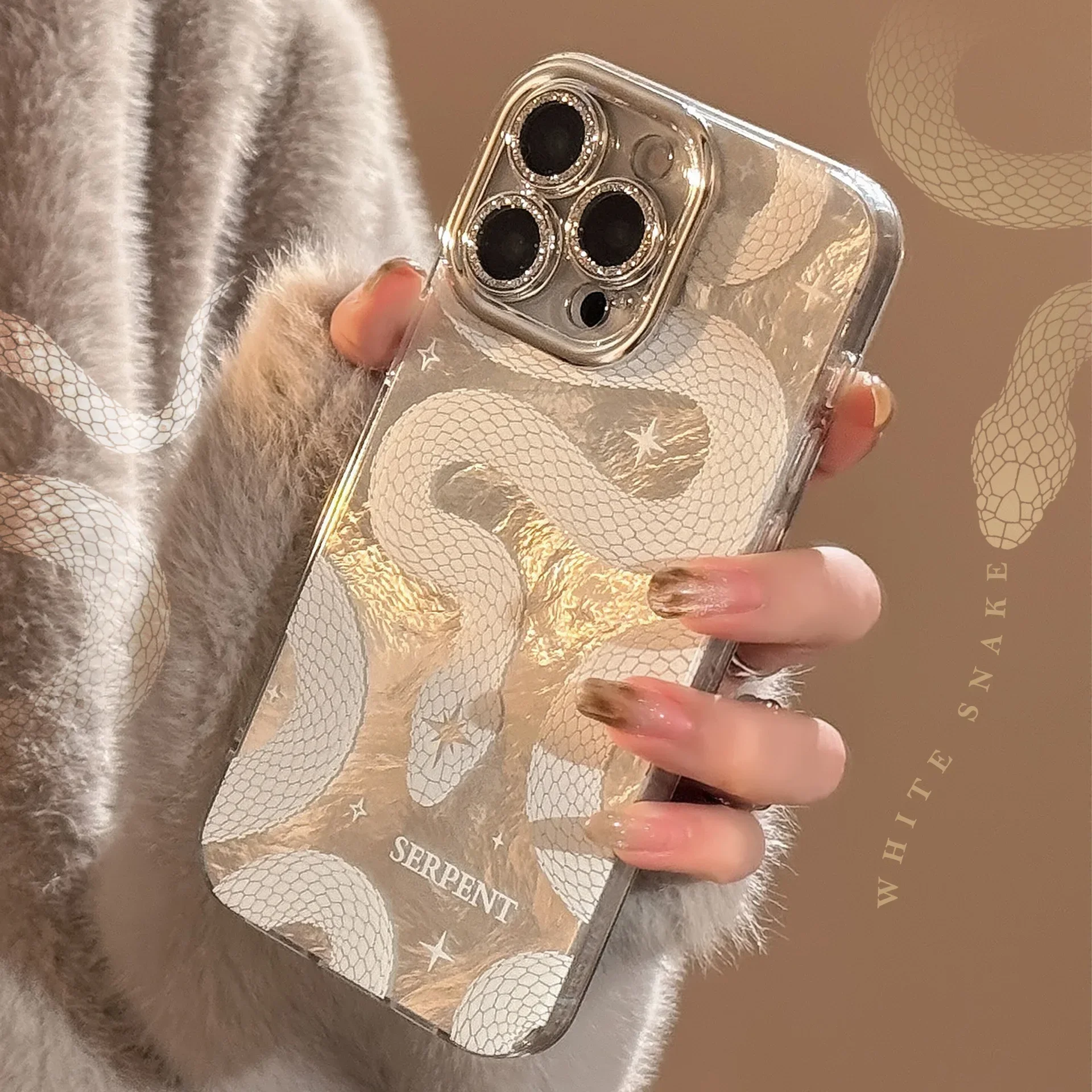 White Snake Tin Foil Pattern With Camera Glass Film Cover Case for iPhone 16 15 14 13 12 11 Pro Max 7 8 Plus Xsmax XR X