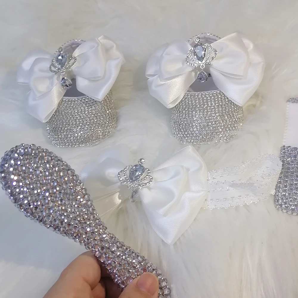 Handmade Bow Rhinestones Baby Girl Kids Shoes Hairband Sunglasses Comb First Walker Sparkle Bling Crystals Princess Shower Gift