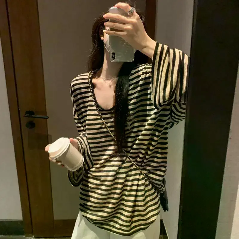 Korean Striped Loose Long Sleeve T Shirt Womens Fashion 2026 Spring Comfortable Versatile Street Style