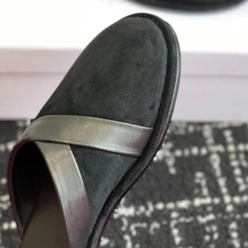 خياطة الأحذية للسيدات جولة تو كعب مسطح النعال الإناث الصلبة خطوط الخياطة المرأة البغال الجلد المدبوغ Zapatos Mujer المخملية فام