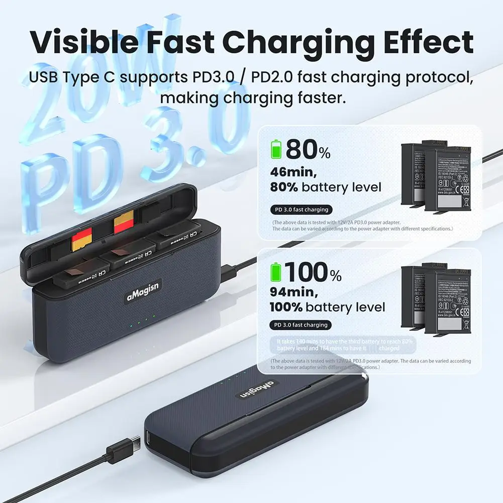 For DJI Action 5 Pro Battery Charger Fast Charging Case 3-Channel Battery Storage Case With Slots & Type C Cable Parts