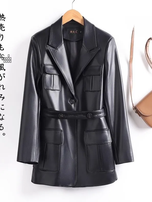 Cappotto in Vera Pelle Haining da Donna, Lunghezza Media, Nuova Collezione Primavera 2025, Giacca in Pelle di Pecora Antivento con Cintura in Vita, Elegante