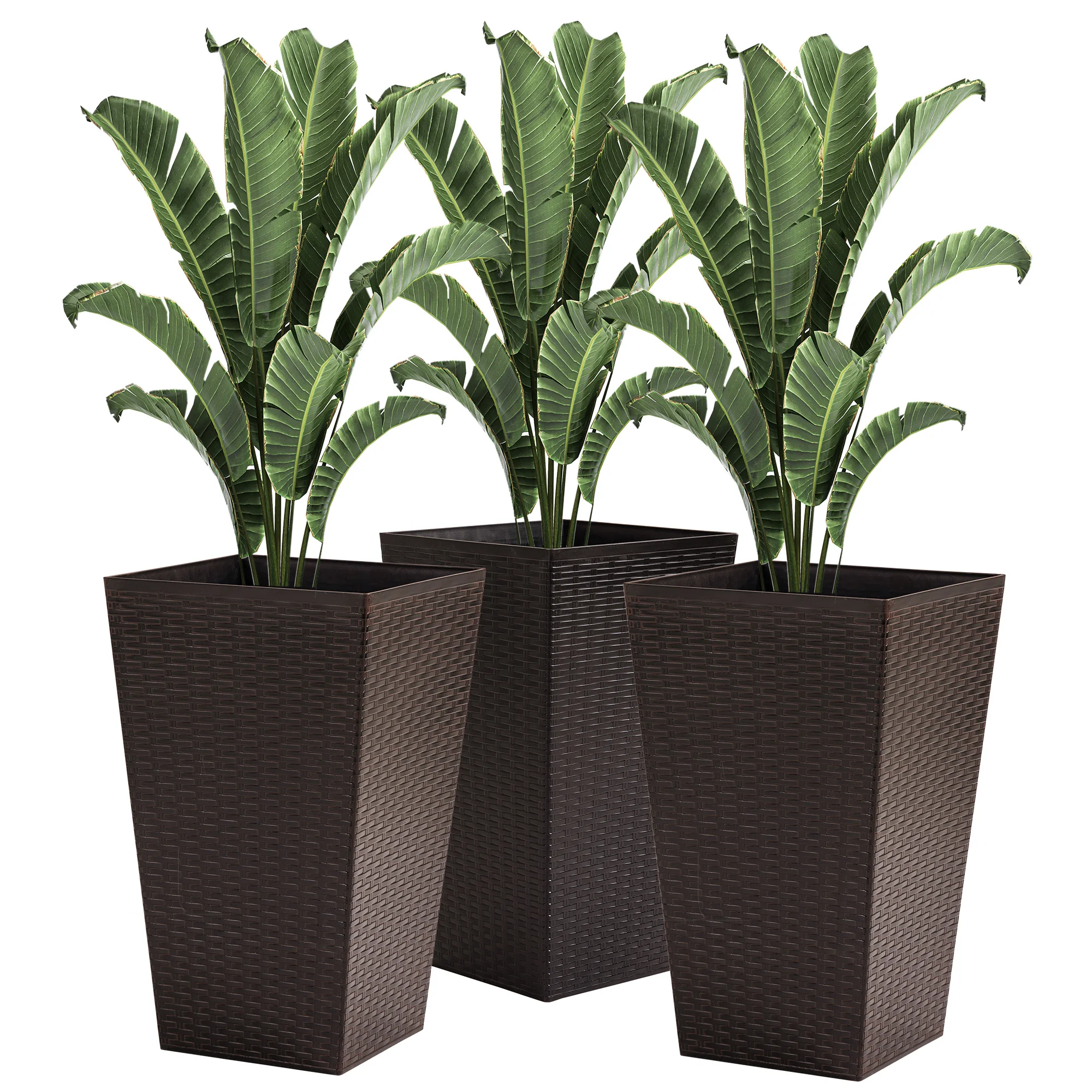 Outsunny Set of 3 Square Pots for Plants Flowers 3 Pot Mat Effect of Smile Rattan for Garden Terrace 36,5x36,5x61cm