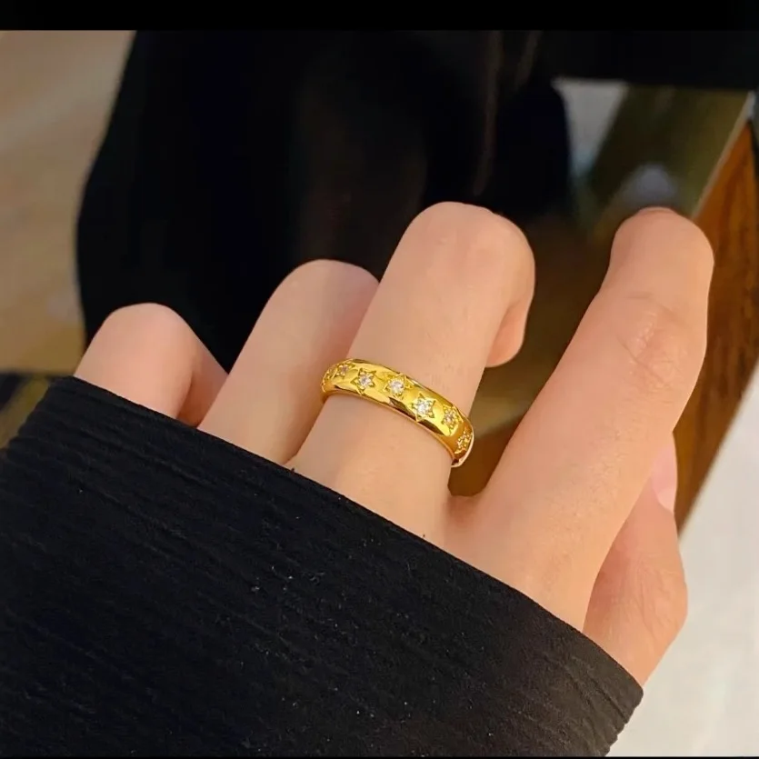 9999 gold octagonal star inlaid high-end ring for women, suitable for summer, trendy and retro minimalist design