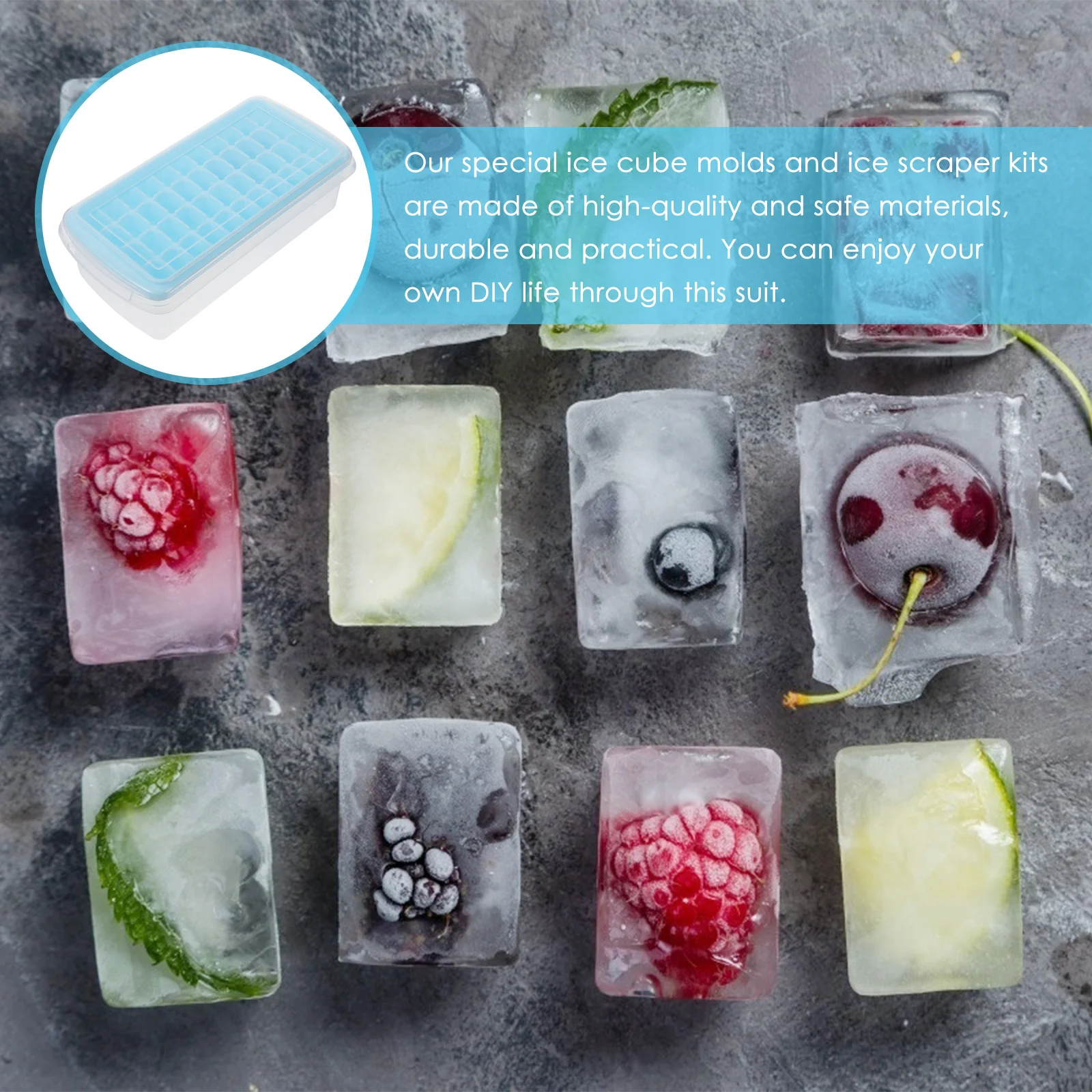 

1Set Ice Cube Mold Non-Stick Heightened Tray Easy Demould Keep Shape Practical Ice Cube Tray Set for Home and Professional Use