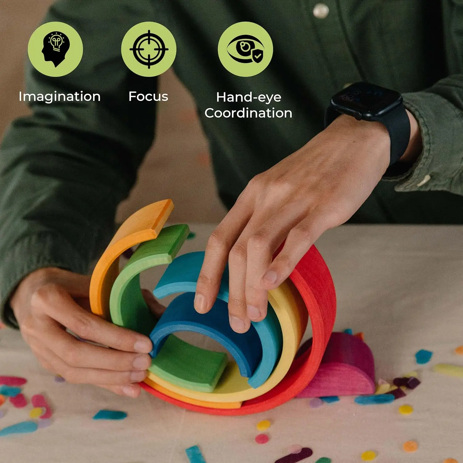 9Pcs Wooden Rainbow Stacker Toy, Wooden Rainbow Stacking Toy, Montessori Nesting Puzzle for Kids, Rainbow Blocks, Large