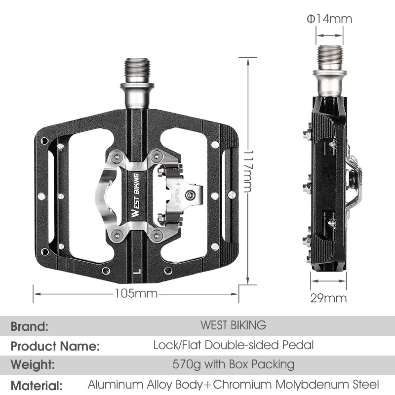 WEST BIKING 2 In 1 Bicycle Pedals 3 Bearings MTB Road Bike Anti-slip Flat Pedals SPD Self-Locking Pedal Cycling Part Accessories