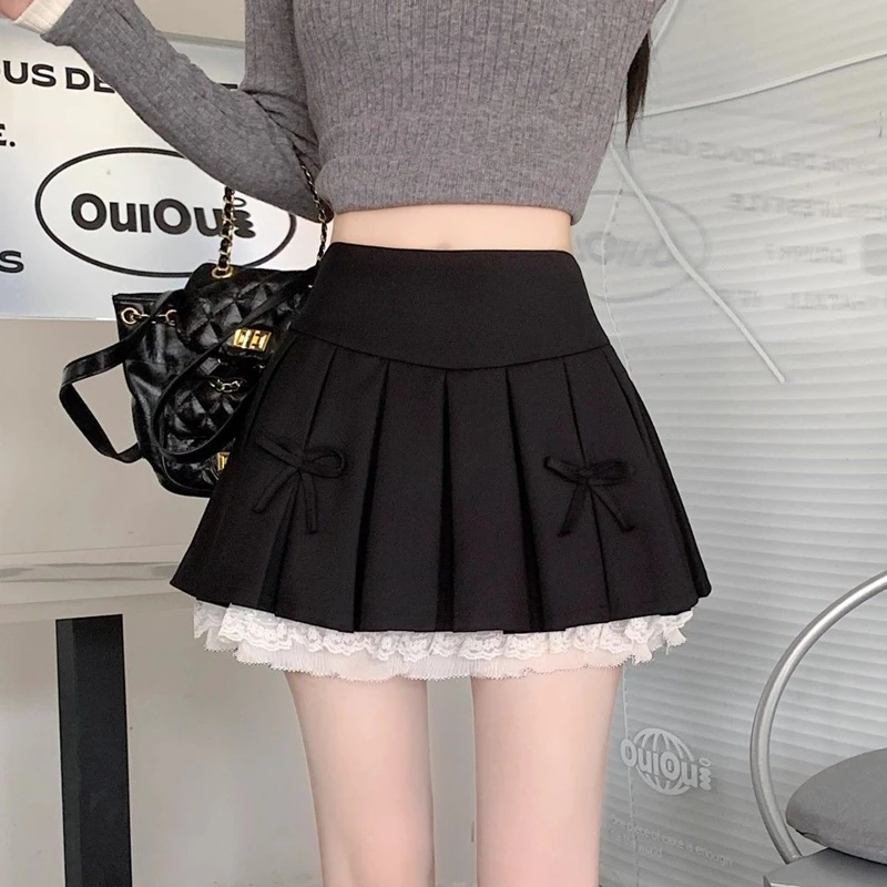Korean Fashion Sweet High Waist Pleated Skirt For Womenn Lace Preppy Bow Skirt Female College Lolita A-line Black Mini Skirt Y2k