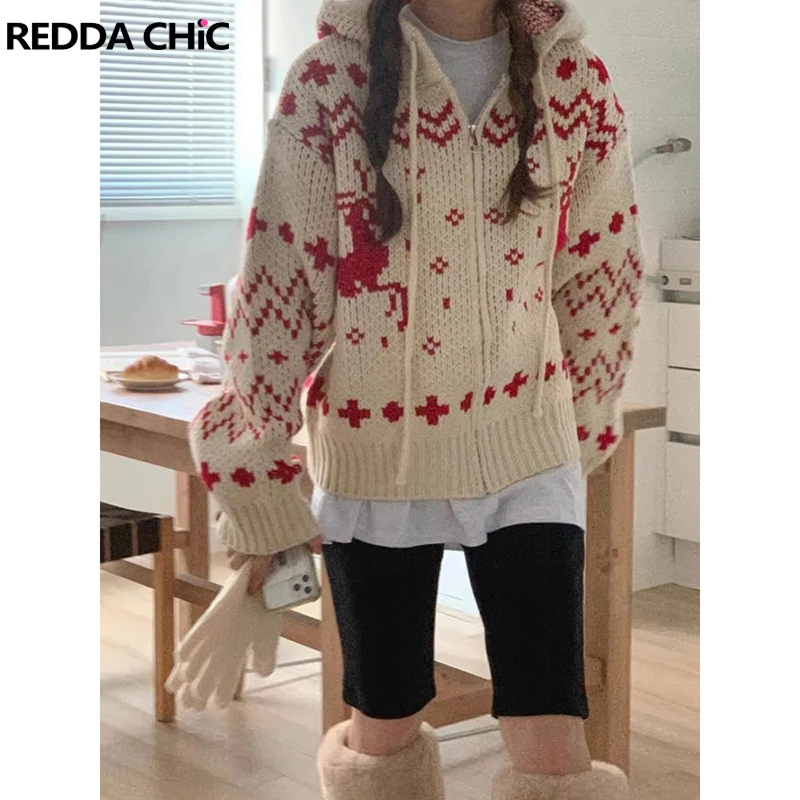 ReddaChic Hood Zip-up Chunky Knit Jacket Coat Women Long Sleeves Loose Warm Reindeer Cardigan Sweater Christmas Holiday Clothes