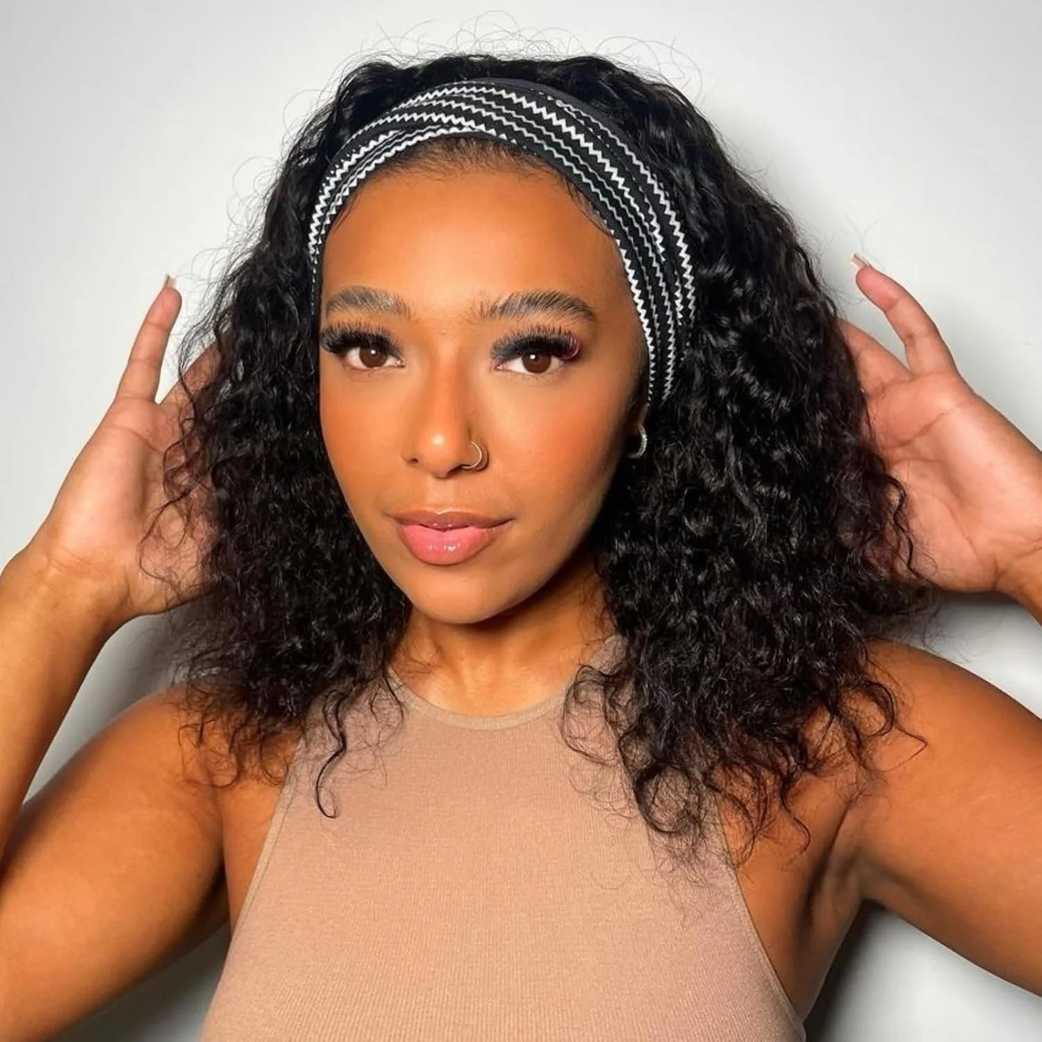 Invisible Drawstring Water Wave Headband Wigs Human Hair 250% Density Curly Human Hair Wigs Full Glueless Wig Beginner Friendly