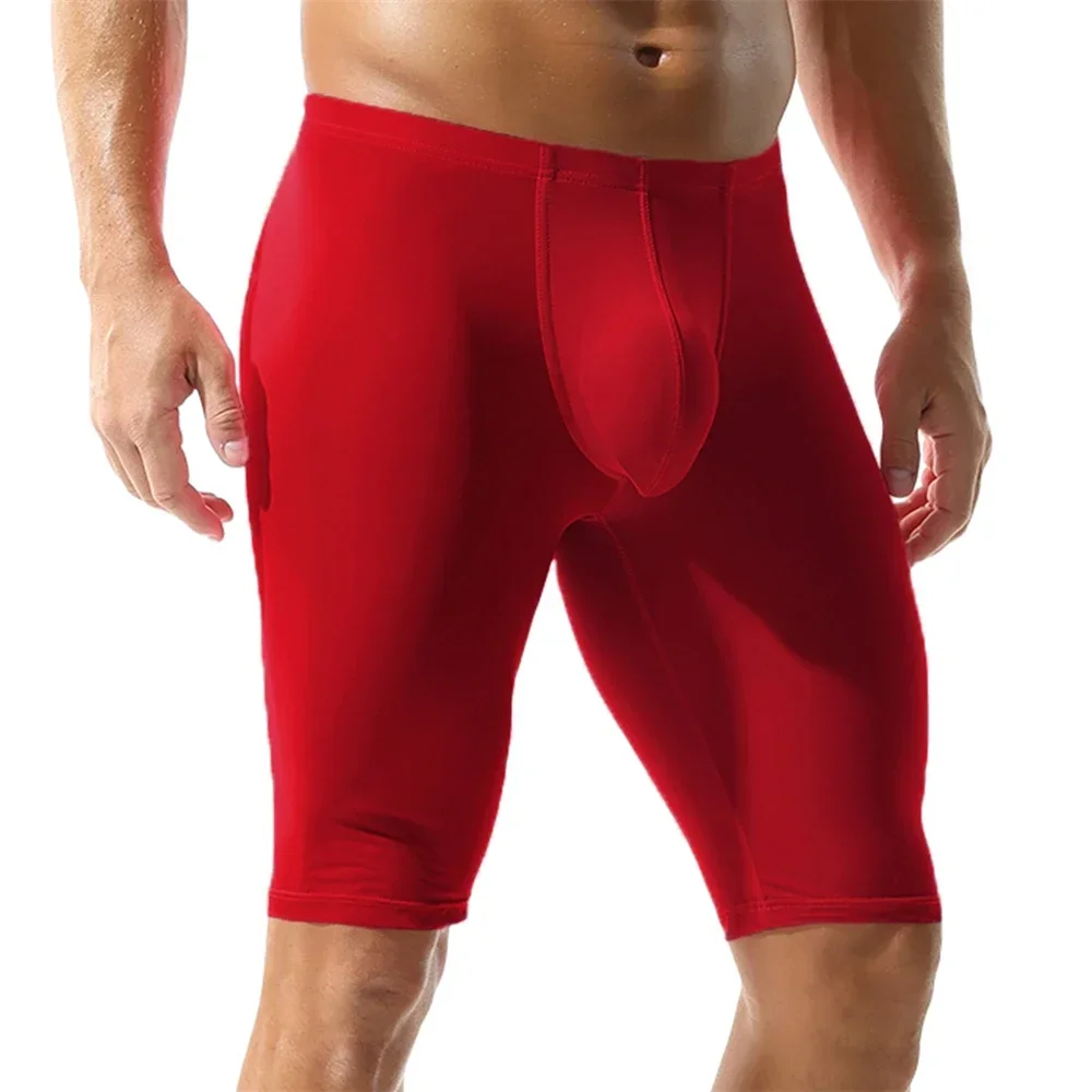 

Сексуальное мужское нижнее белье из ледяного шелка, крутые ультратонкие длинные шорты-боксеры, сексуальные шорты-боксеры с выпуклой сумкой для геев, мужские повседневные мягкие шорты для сна