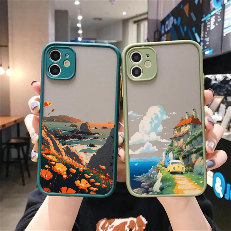 Mountain Flower Scenery Case For iPhone 14 13 12 11 Pro Max Mini X Xs XR 7 8 Plus SE2 Siliconef Bumper Clear PC Hard Cover Funda image 3