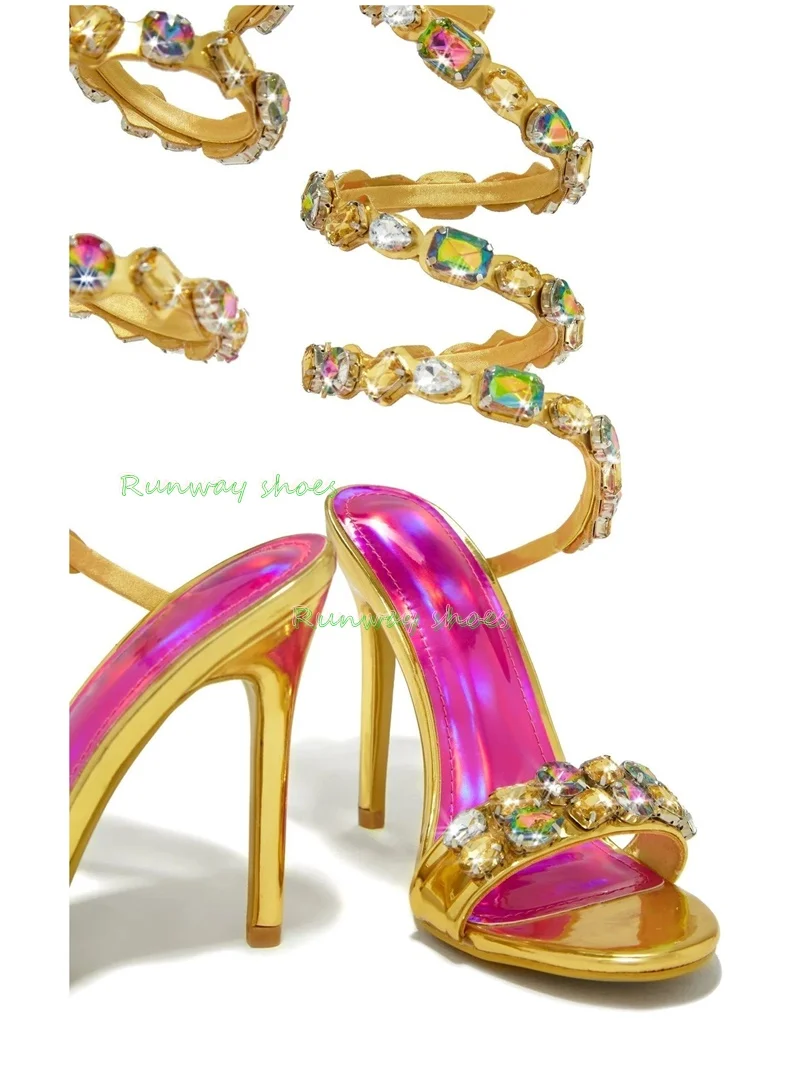 Square Head Gold Stilettos Sandals Multicolor Crystal Spiral Ankle Girdle Color Rhinestones Decorate Luxurious Women's Shoes2026