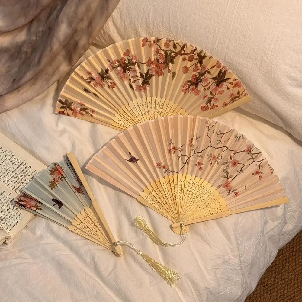 Vintage Style Chinese Japanese Folding Fan Colorful Plastic Shank Classical Dance Fan Crafts Folding Tassel Elegent Female Fan