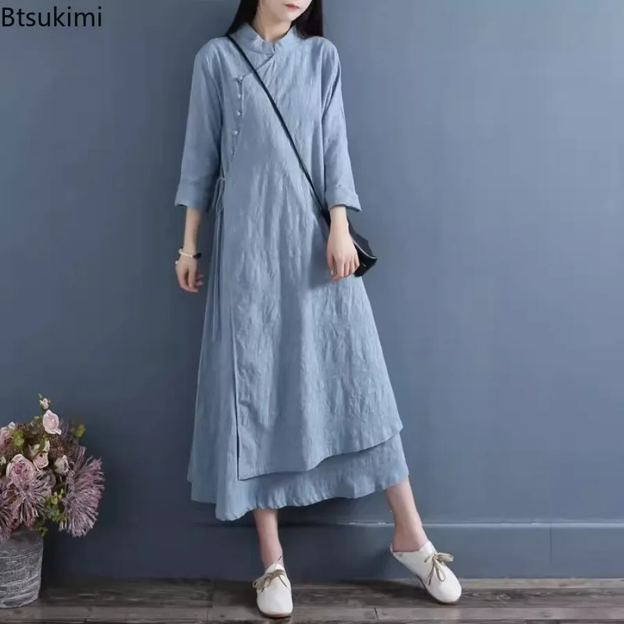 Spring New Chinese Style Dress for Women Fashion Vintage Stand Collar Long-sleeved Cotton Linen Long Skirts Female Elegant Hanfu