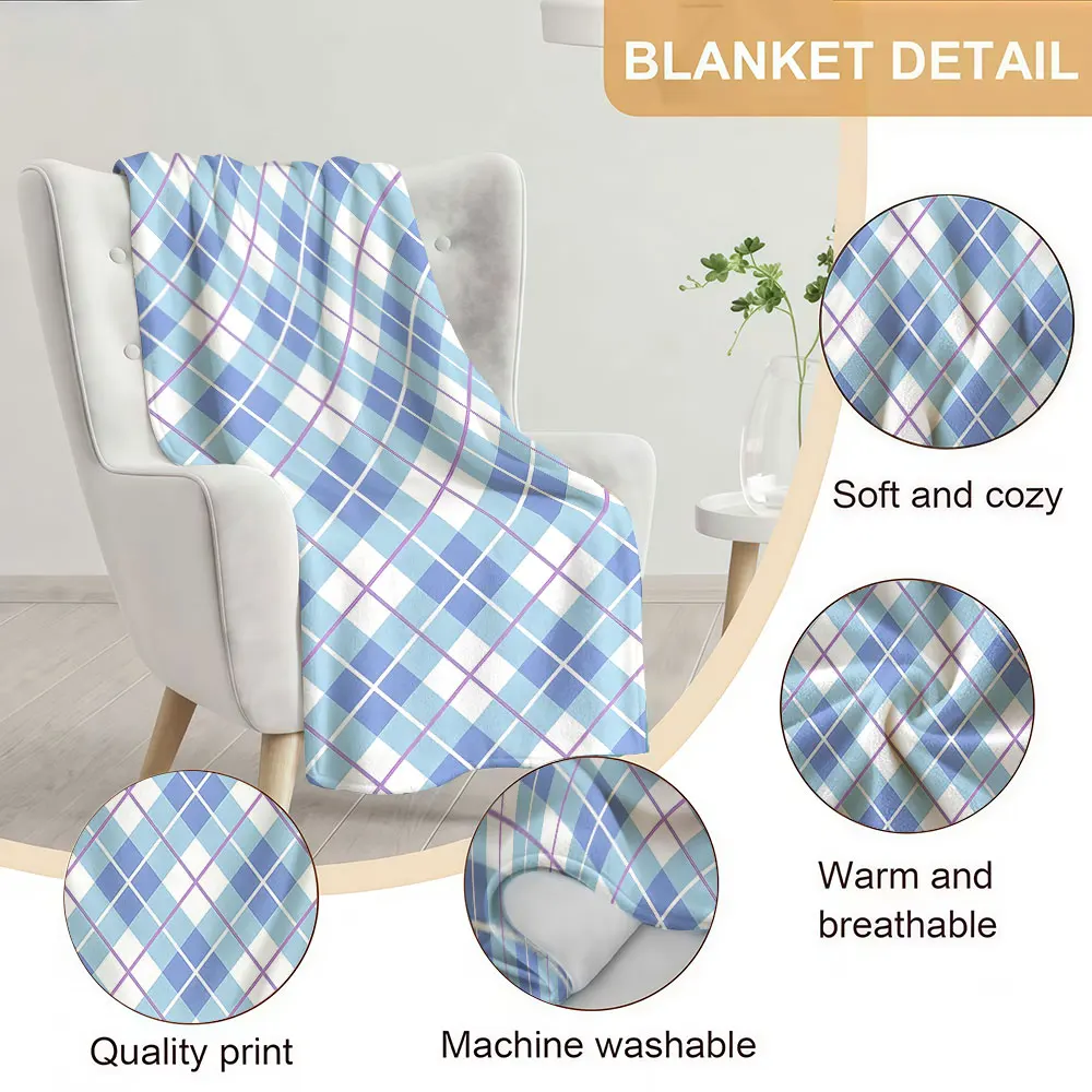 Blue Lavender Argyle Soft Warm Flannel Blanket Lightweight Cozy Christmas Halloween Home Decor Room