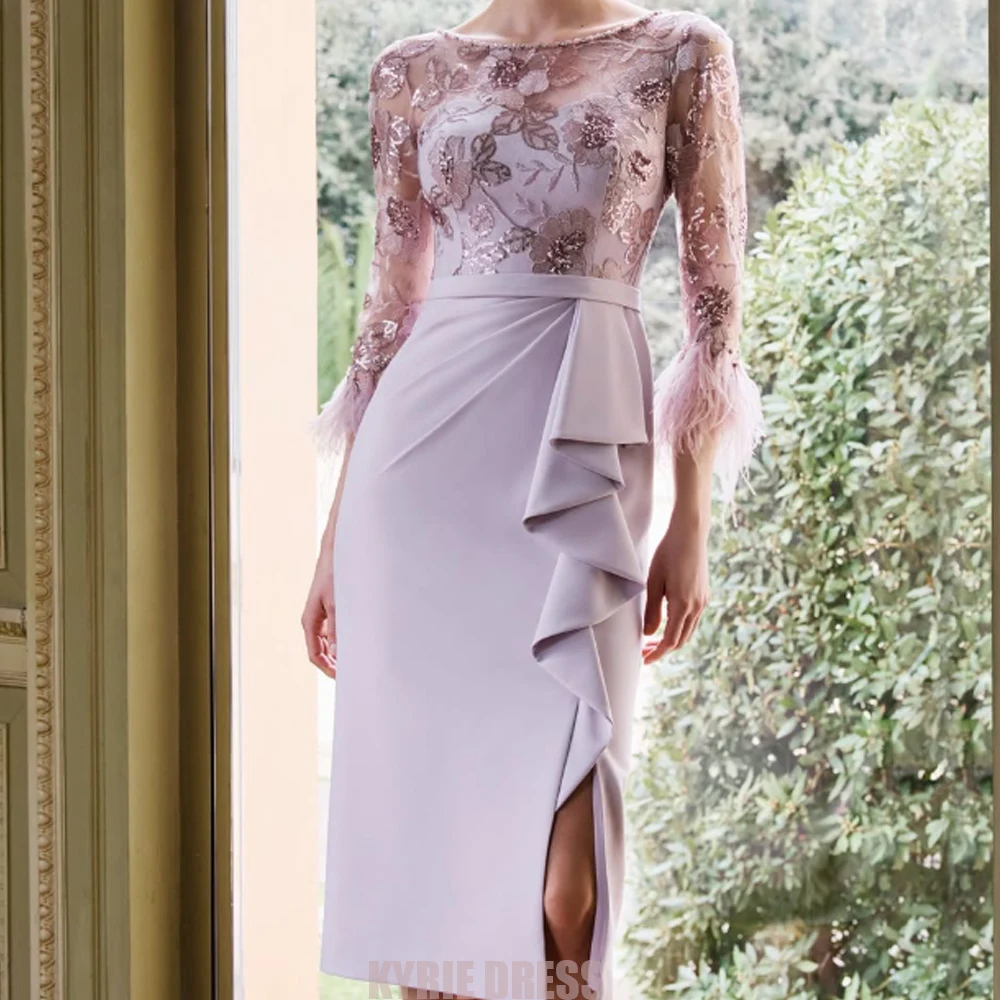 Customzied Mother of The Bride Dresses 2026 3/4 Sleeves Embroidery Feathers Ruffles Split for Wedding Guest Gown Evening Dresses