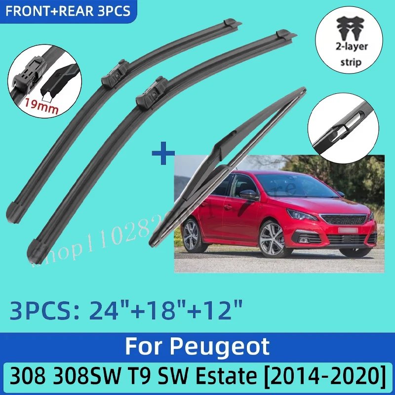 

3Pcs Front Rear Wiper Blades 24"+18"+12", Car Windscreen Replacement Accessories For Peugeot 308 308SW T9 SW Estate 2014-2020