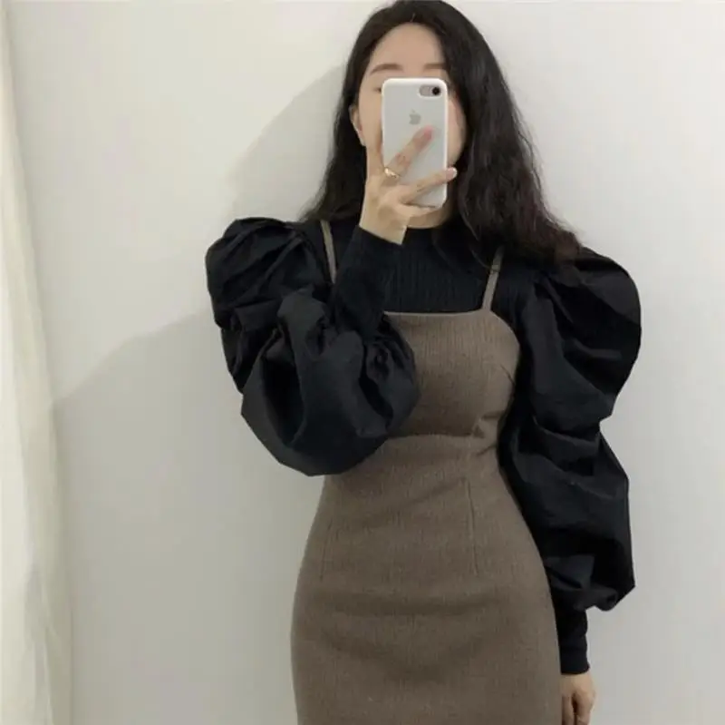 Korean Ins Court Style Round Neck Threaded Splicing Design with Closed Mouth Bubble Sleeves Slim Fit Shirt Top for Women