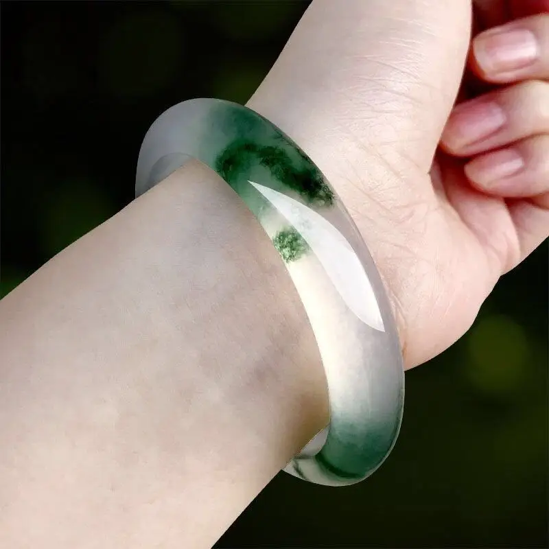 

Genuine natural Burmeseice-type quartz jade bracelet with floral patterns;floral jade bracelet;quartzite jade bracelet for women