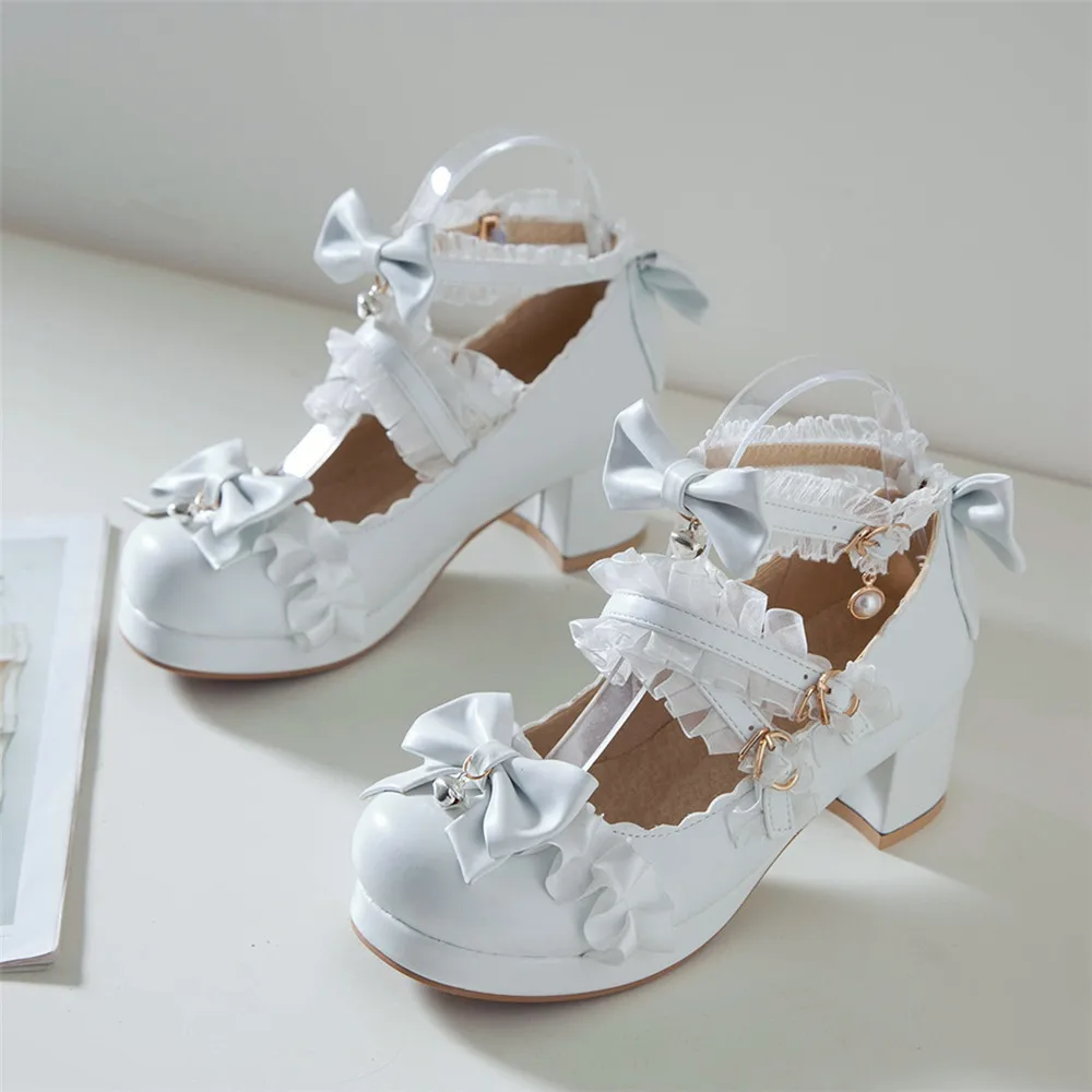 2024 Women High Heels Cross Strap Mary Jane Pumps Party Wedding White Pink Black Ruffles Bow Princess Cosplay Lolita Shoes 31-43