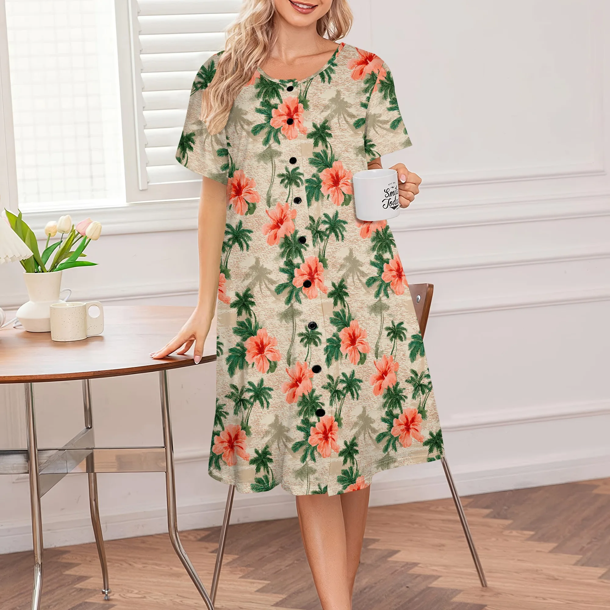 

Women's Tropical Palm Flower Dress Summer Beach Button Down Vacation Loose Midi Sundress S-3XL