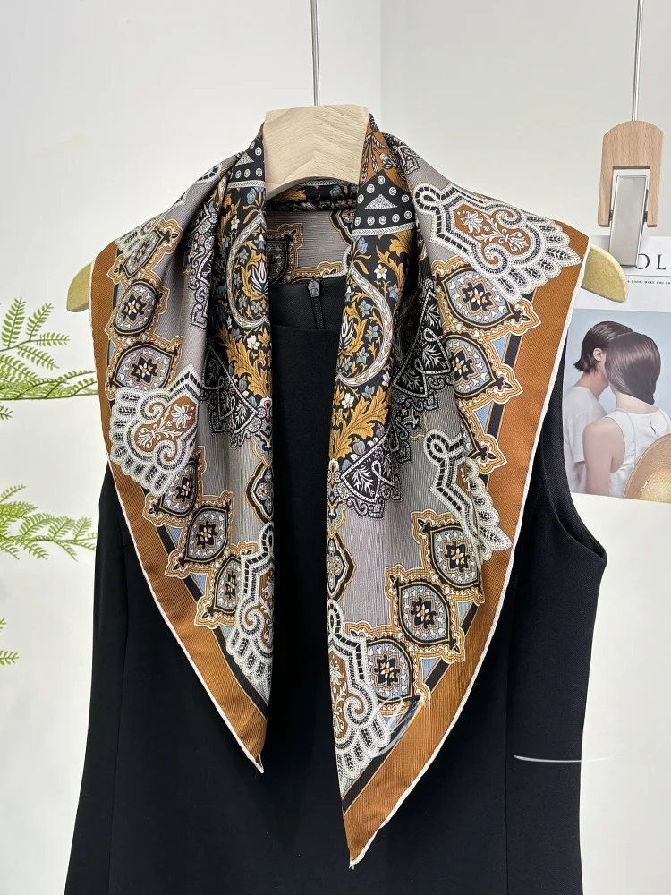 レトロ花柄シルクスクエアスカーフ-65-センチメートル春秋桑シルク女性の厚いツイルネクタイ多機能ファッションアクセサリー