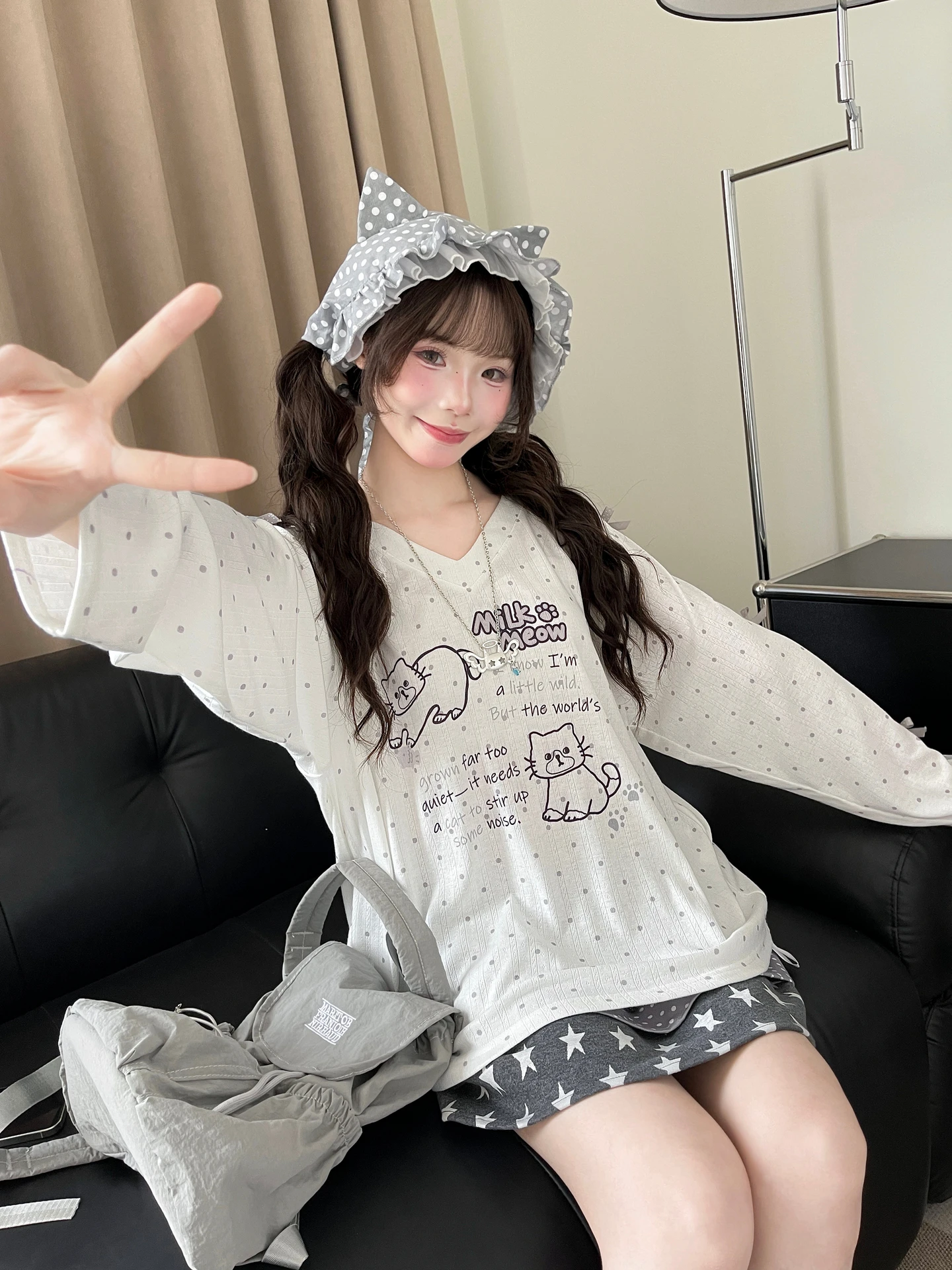 Lightweight Summer Sun Protection Long Sleeve V-Neck T-Shirt Women's Loose Fit Polka Dot Print Design Fairy Tale Sweet Style